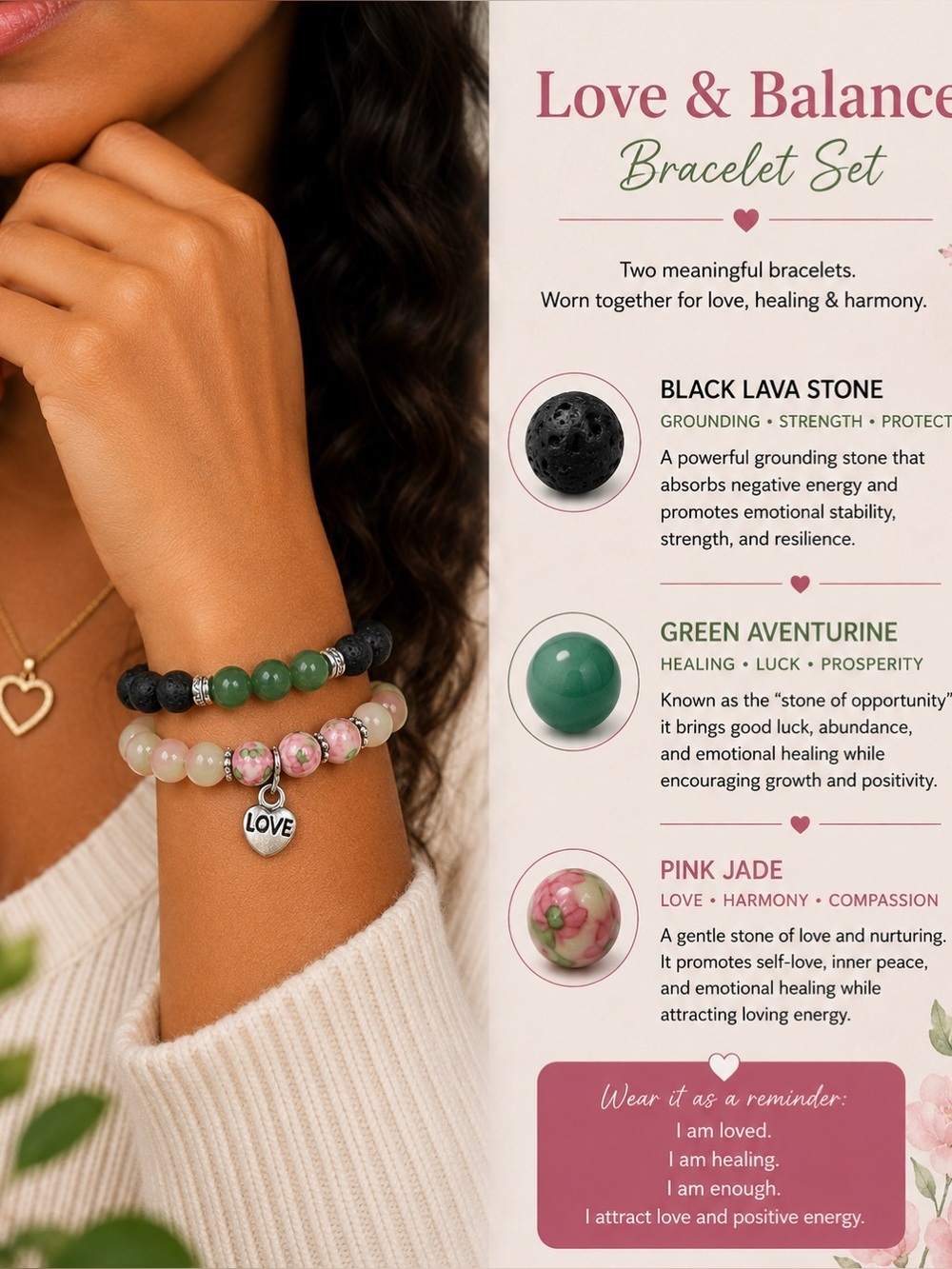 Lava Rock & Jade Beaded Bracelet Set – Rose Accent